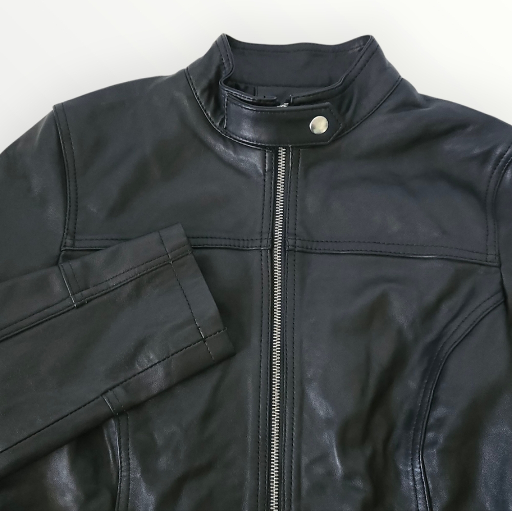 Sourock‎ SR Womens Genuine Leather Moto Jacket Black Zip Front M  Real Leather